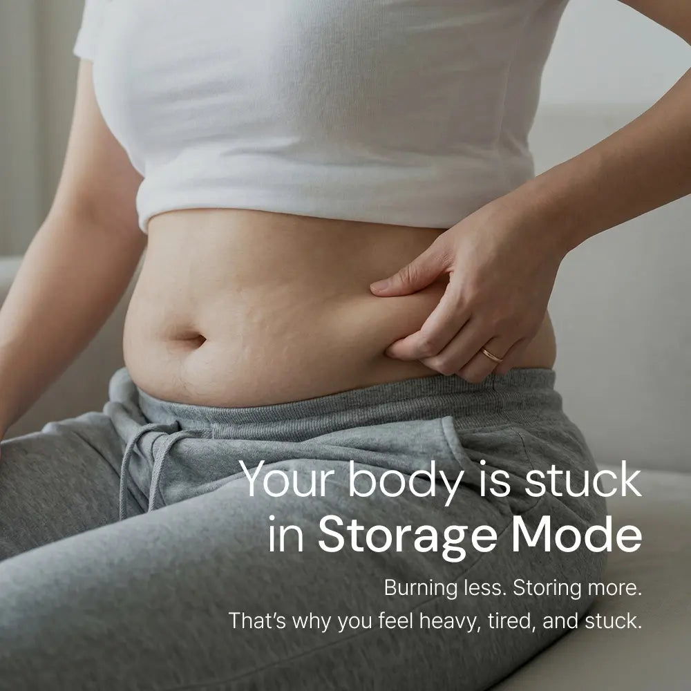 Woman pinching belly fat, text: 'Your body is stuck in Storage Mode' — vitality & metabolism support