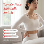 Woman in white activewear sitting on a sofa, promoting metabolism booster benefits