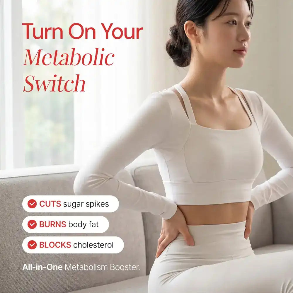 Woman in white activewear sitting on a sofa, promoting metabolism booster benefits