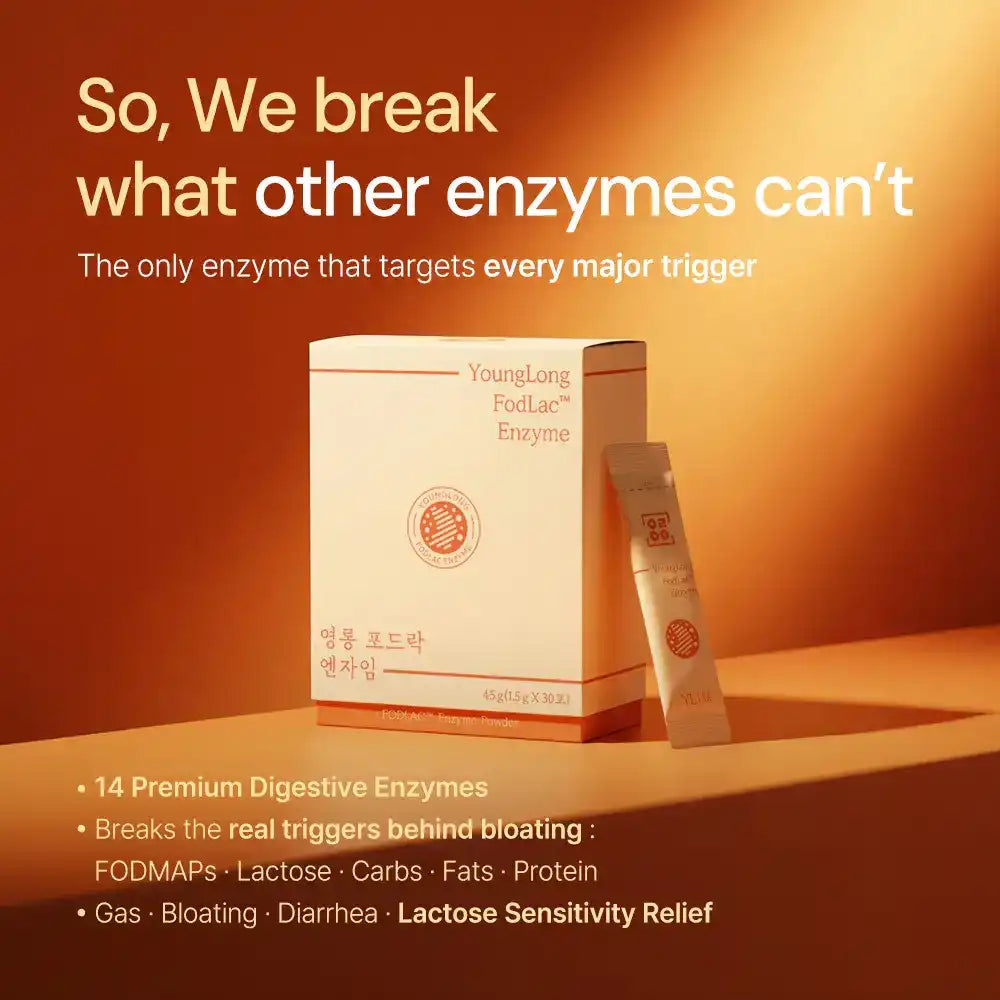 Digestive enzyme supplement box and stick pack with benefits for bloating, lactose sensitivity, gut health