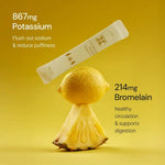 Supplement stick with lemon and pineapple, highlighting potassium and bromelain benefits on yellow background.