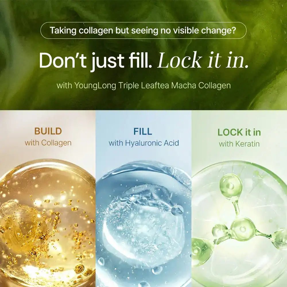 Graphic showing benefits of supplements: build with collagen, fill with hyaluronic acid, lock in with keratin.