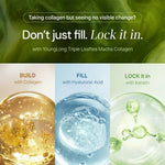 Graphic showing benefits of supplements: build with collagen, fill with hyaluronic acid, lock in with keratin.