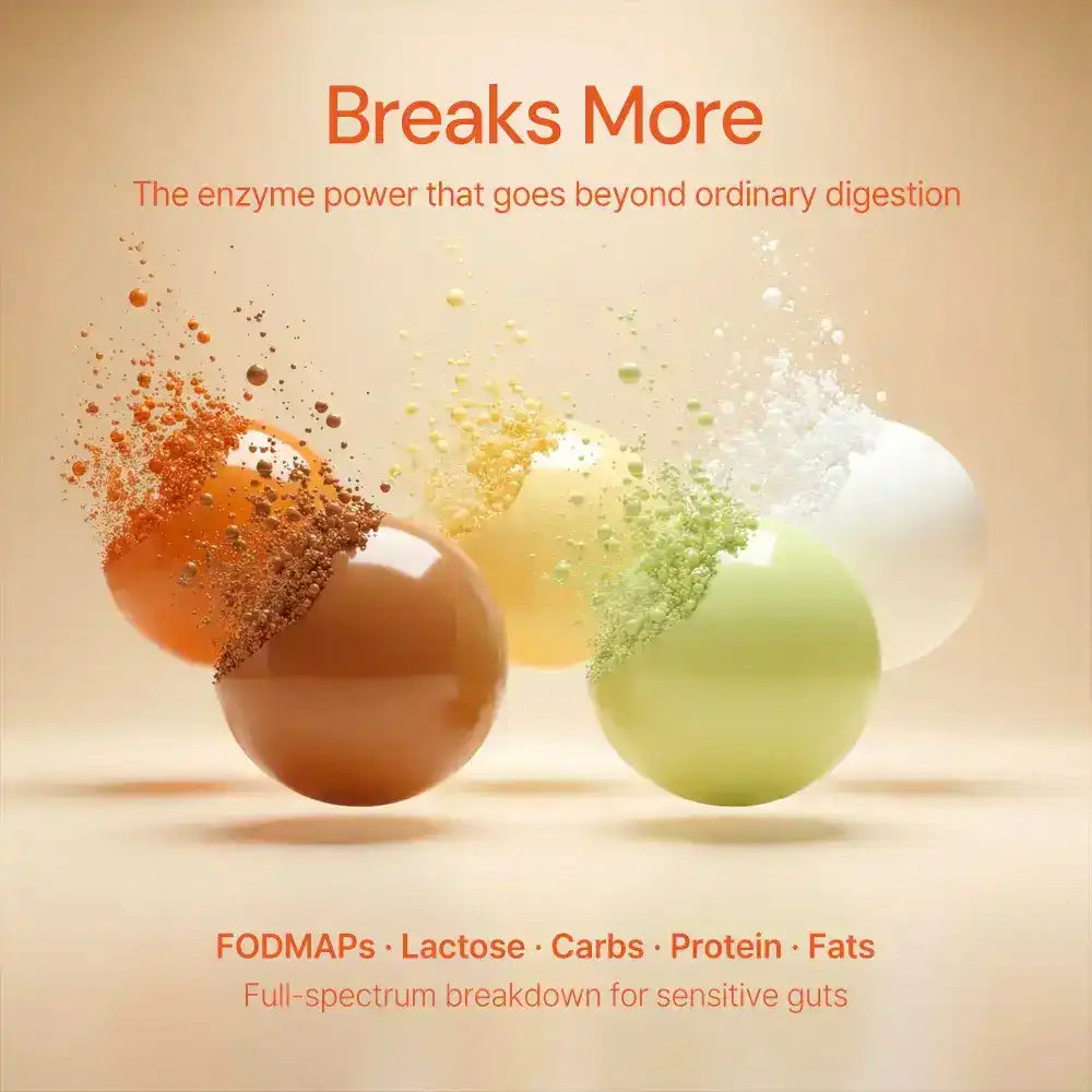 Colorful capsules dissolving to illustrate digestive enzyme supplement for sensitive gut health