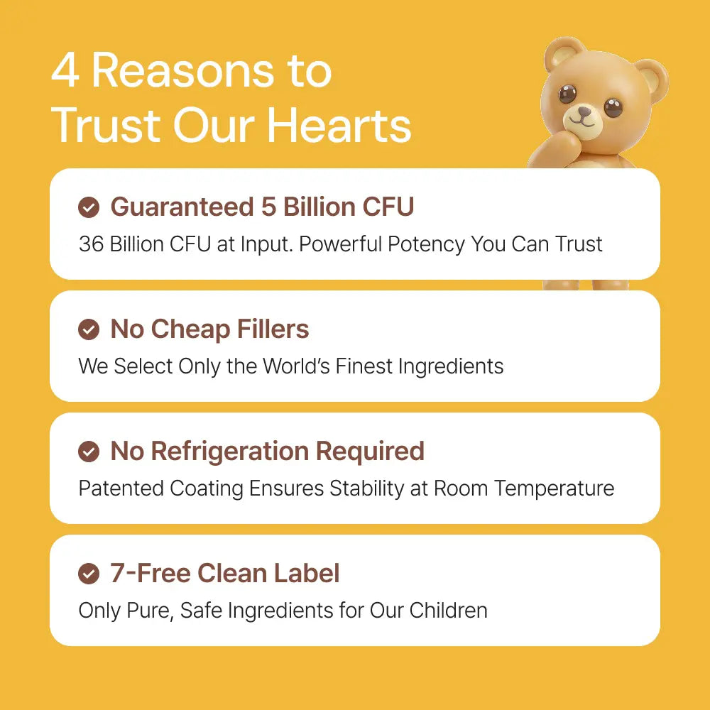 Supplement benefits infographic with bear, featuring guaranteed 5 billion CFU, no fillers, no refrigeration, and clean label.
