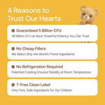 Supplement benefits infographic with bear, featuring guaranteed 5 billion CFU, no fillers, no refrigeration, and clean label.