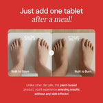Weight loss supplement results showing digital scales before and after, feet on scales, plant-based diet support.