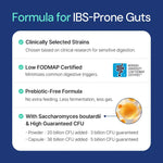 Infographic highlighting IBS-prone gut supplement: clinically selected strains, low FODMAP certified, prebiotic-free, with Saccharomyces boulardii and high CFU content.