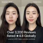 Before and after comparison of a woman showing reduced facial bloating and glowing skin, with review ratings text overlay.