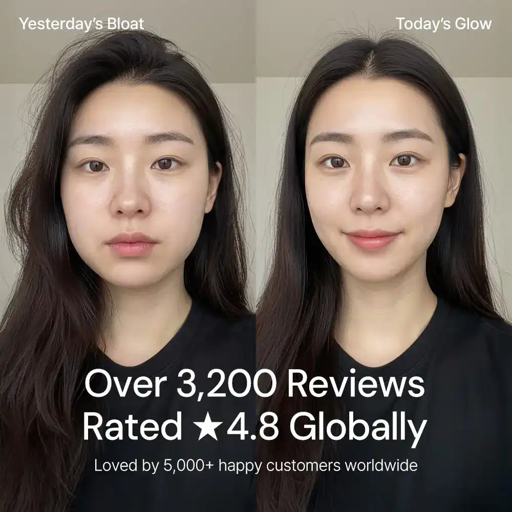 Before and after comparison of a woman showing reduced facial bloating and glowing skin, with review ratings text overlay.