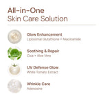All-in-One Skin Care Solution with Glow Enhancement, Soothing Repair, UV Defense, and Wrinkle Care ingredients