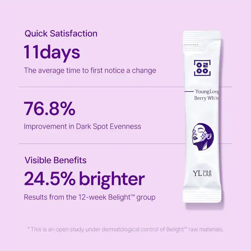 Berry White supplement sachet with benefits: quick satisfaction in 11 days, 76.8% dark spot improvement, 24.5% brighter skin.