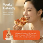 Woman eating pepperoni pizza, holding supplement for sensitive guts, text promoting instant activation for lactose, sucrose, FODMAP breakdown.