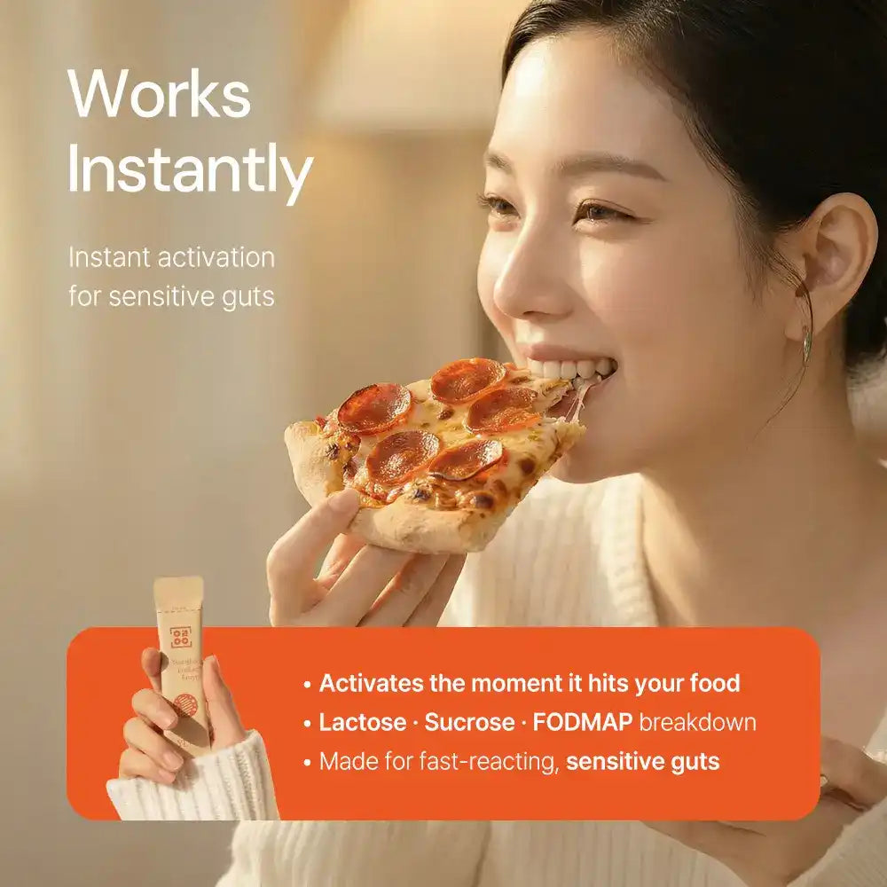 Woman eating pepperoni pizza, holding supplement for sensitive guts, text promoting instant activation for lactose, sucrose, FODMAP breakdown.