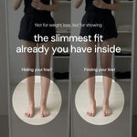 Before and after comparison of woman's legs in mirror highlighting slimmer leg appearance
