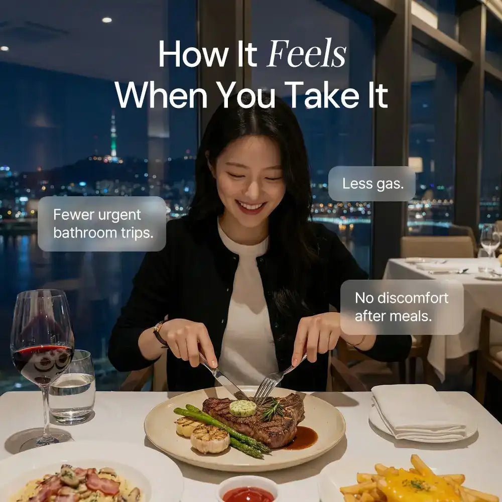 Smiling woman dining at night, enjoying steak and wine, text highlights digestive comfort benefits.