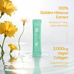 Vegan collagen supplement stick with golden hibiscus flowers and water for hydration and firmness.