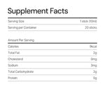 Supplement facts label for health supplement stick, listing calories, fat, sodium, carbs, protein.