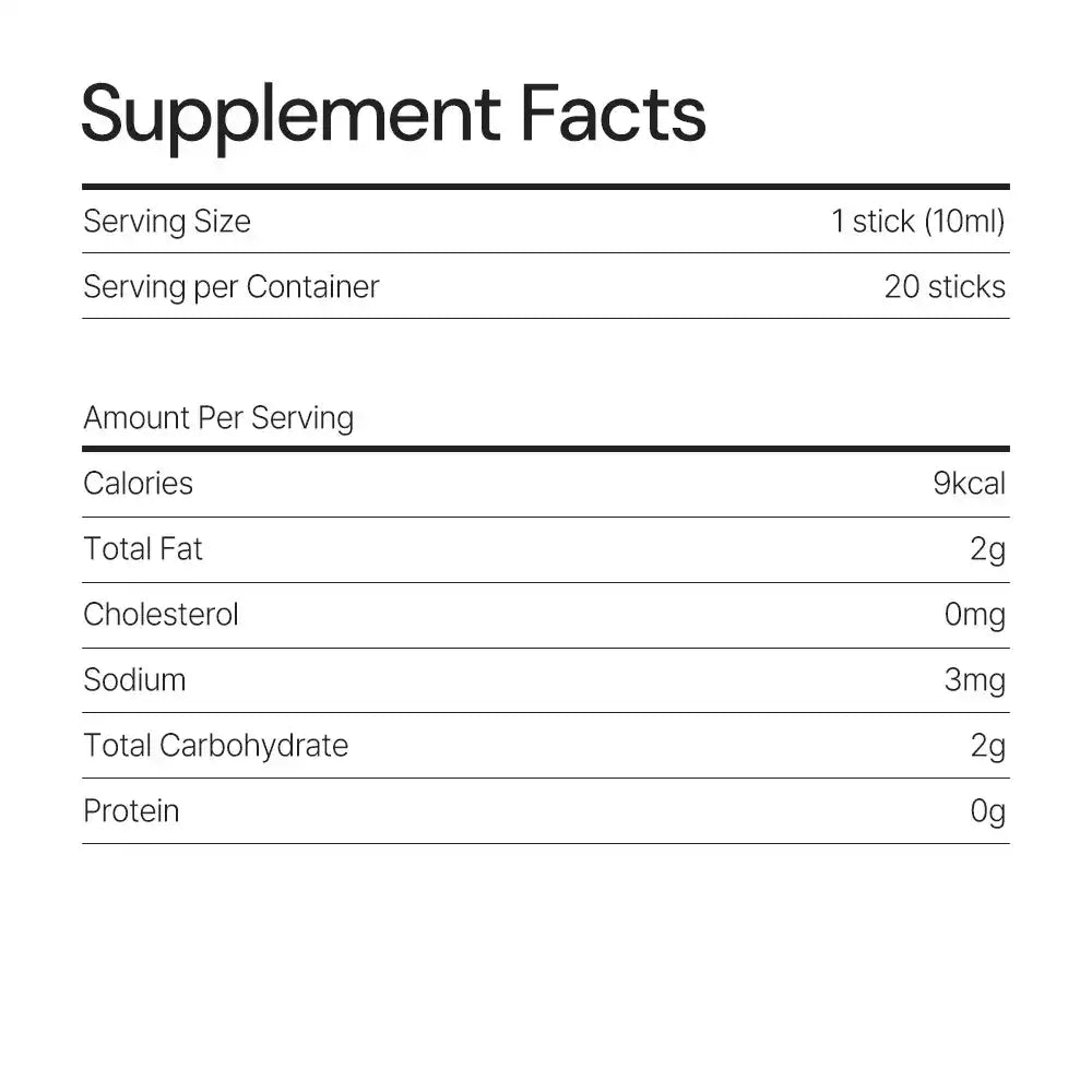 Supplement facts label for health supplement stick, listing calories, fat, sodium, carbs, protein.