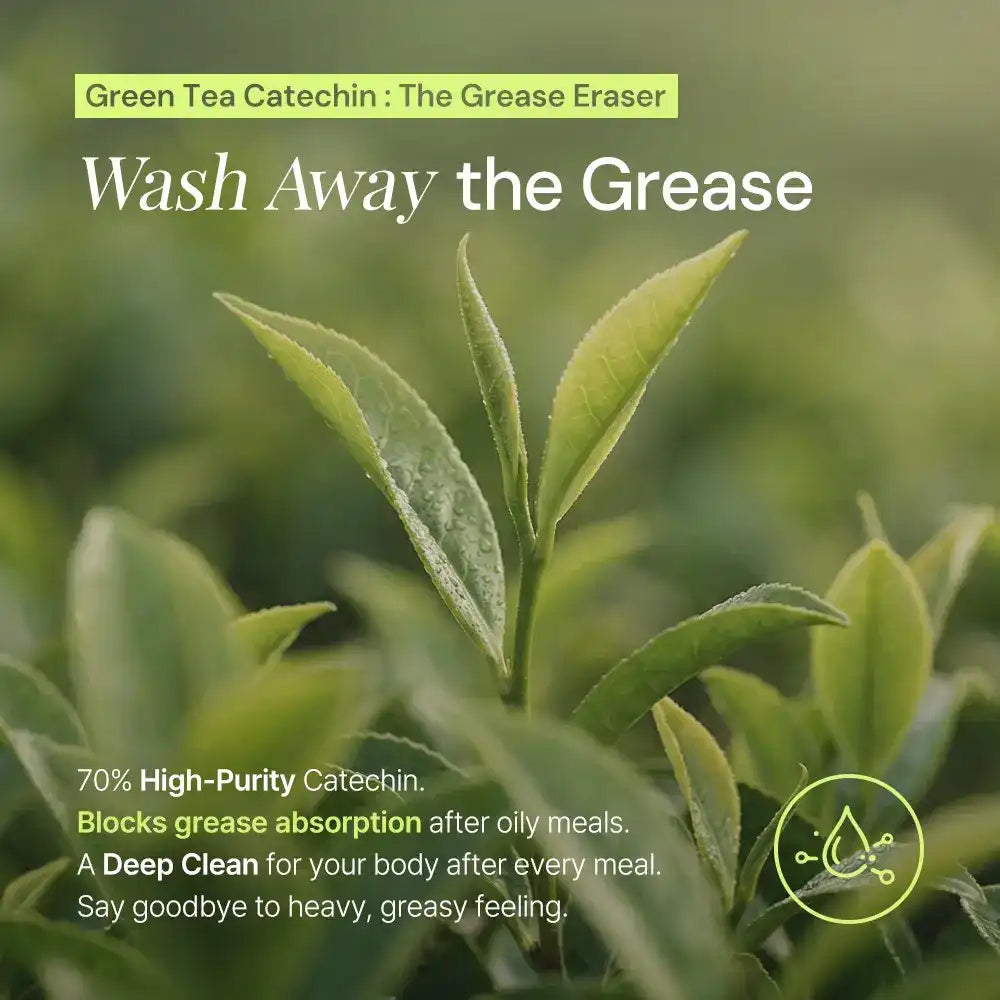Green tea leaves with text highlighting catechin benefits for grease blocking and deep body clean.