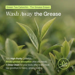 Green tea leaves with text highlighting catechin benefits for grease blocking and deep body clean.