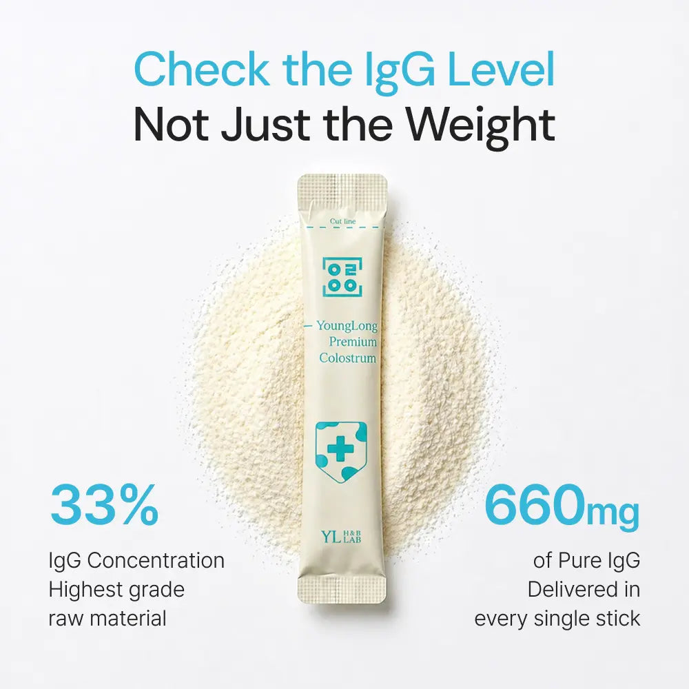 Colostrum powder supplement stick with IgG concentration and 660mg content details on white background