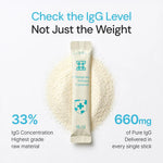 Colostrum powder supplement stick with IgG concentration and 660mg content details on white background
