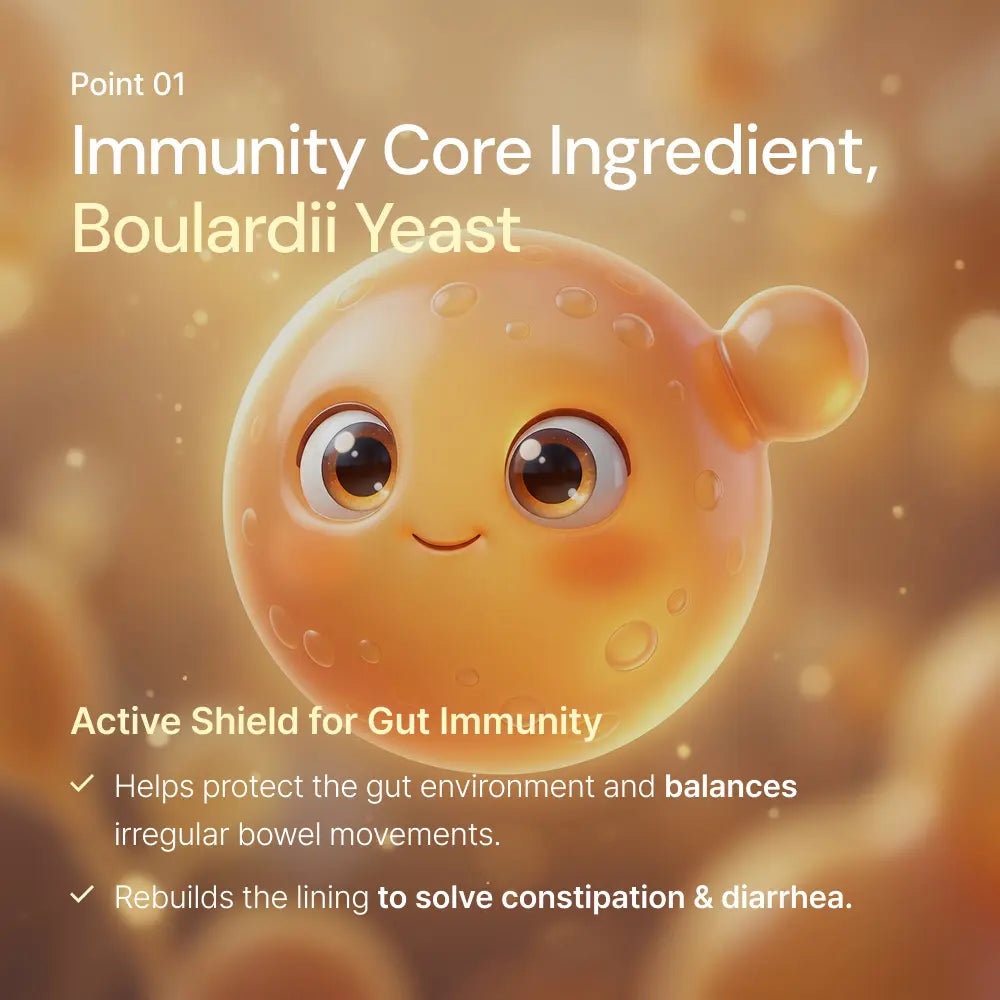 Cute Boulardii yeast character promoting gut immunity and digestive balance benefits.