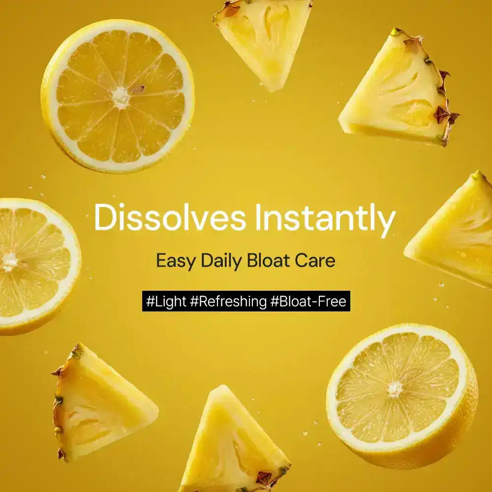 Sliced lemons and pineapples on yellow background, promoting easy daily bloat care supplement.