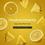 Sliced lemons and pineapples on yellow background, promoting easy daily bloat care supplement.
