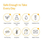Supplement icons showing vegan certified, heavy metal tested, pesticide-free, no additives, gluten-free, dairy-free, no flavoring, made in Korea, daily safety assurance.