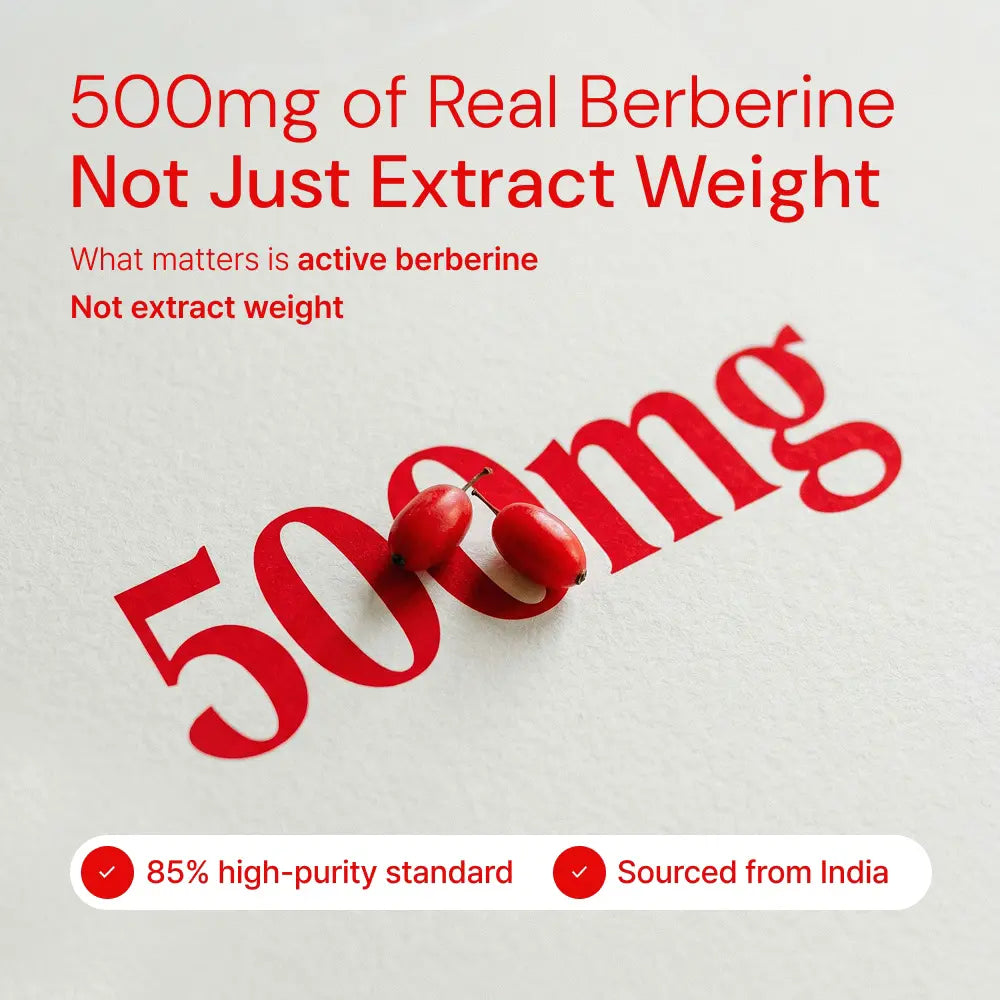 500mg real berberine supplement with high-purity standard, sourced from India, emphasizing active ingredient over extract weight