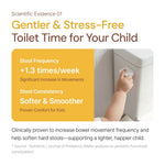 Child's hand flushing toilet, infographic on gentler toilet time, increased stool frequency, and improved stool consistency for kids.