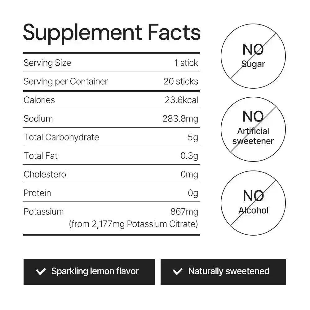 Supplement facts label for a naturally sweetened, sparkling lemon flavor stick, no sugar, no artificial sweeteners, no alcohol.
