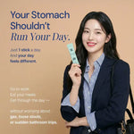 Smiling woman in business attire holding a digestive health supplement stick with digestive health benefit text on beige background.