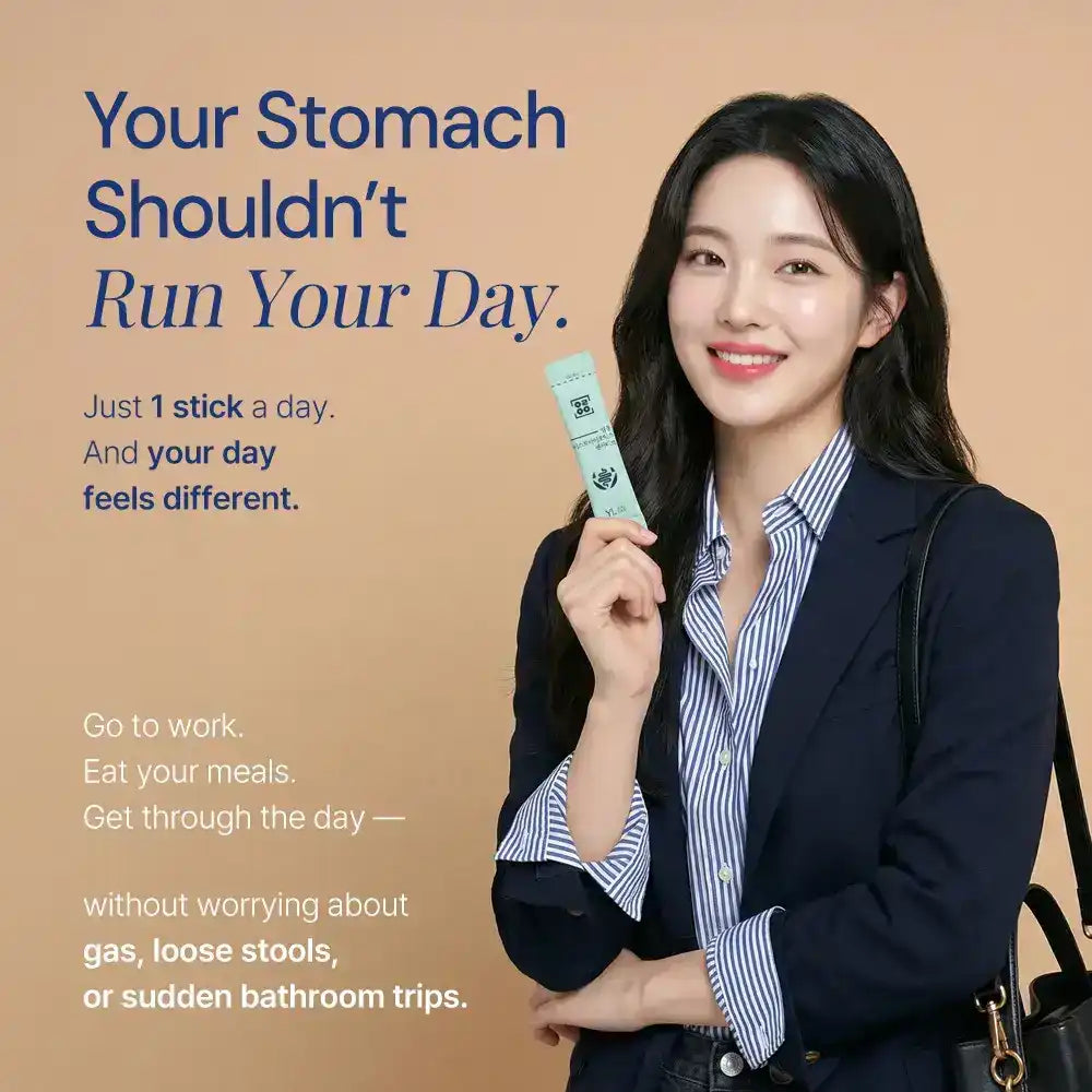 Smiling woman in business attire holding a digestive health supplement stick with digestive health benefit text on beige background.