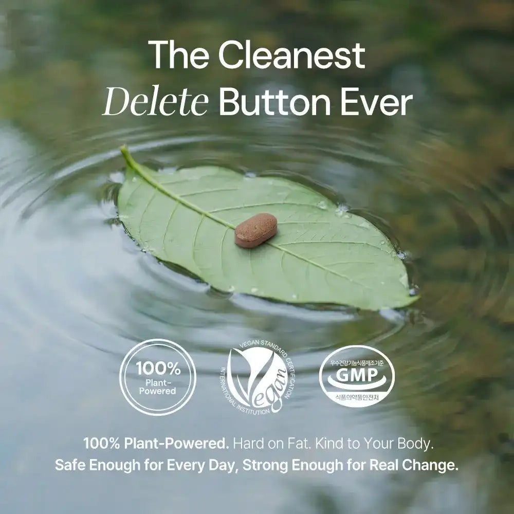 Vegan plant-powered supplement tablet on a green leaf floating in water with certification icons
