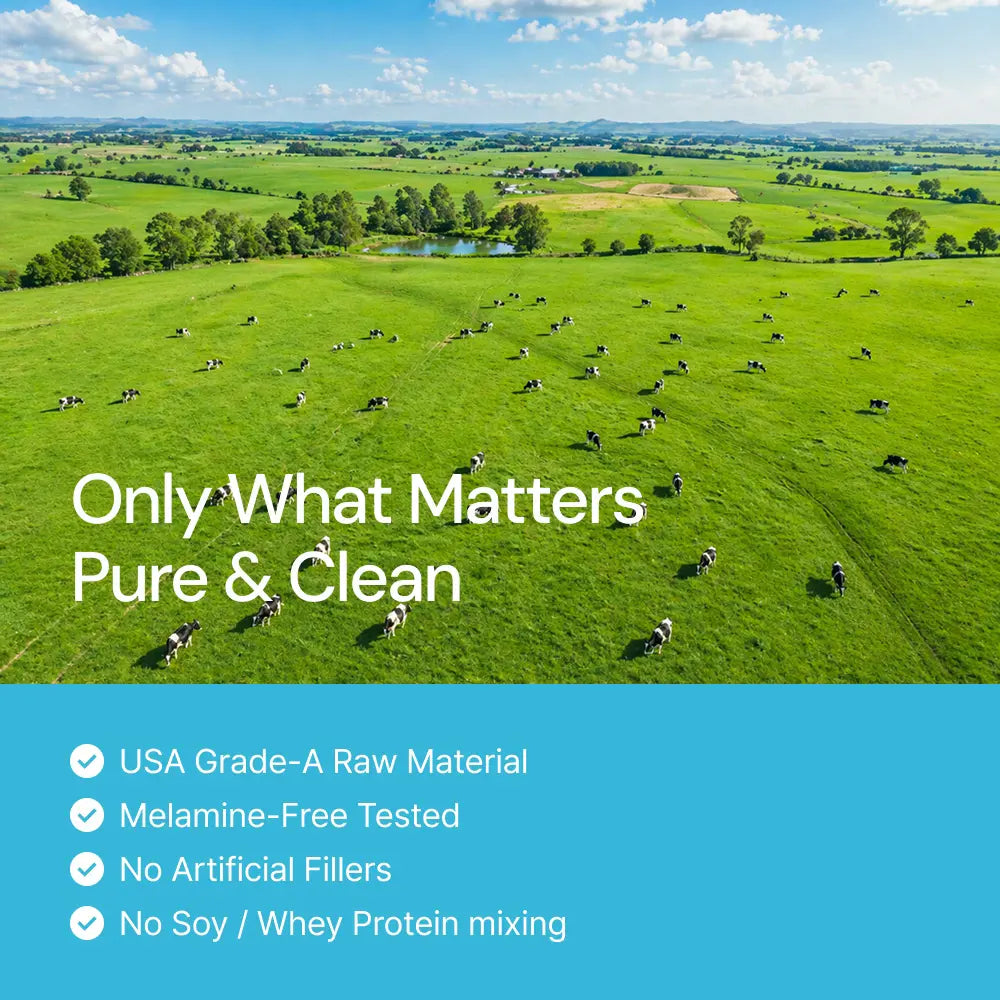 Aerial view of cows grazing on a lush green pasture, promoting pure, clean supplement ingredients.