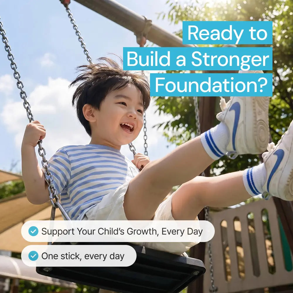 Happy child on swing outdoors, promoting daily growth and foundation support supplement.