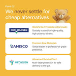 Probiotic supplement benefits infographic with top quality raw materials and a cute bear illustration.