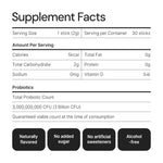 Supplement facts label for probiotic stick with vitamin D, low calorie, no sugar, naturally flavored.