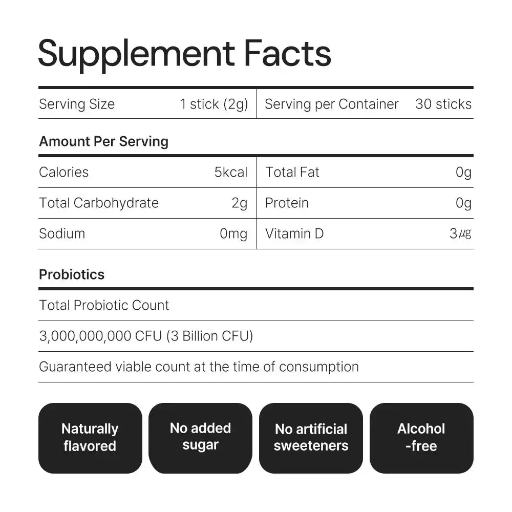 Supplement facts label for probiotic stick with vitamin D, low calorie, no sugar, naturally flavored.