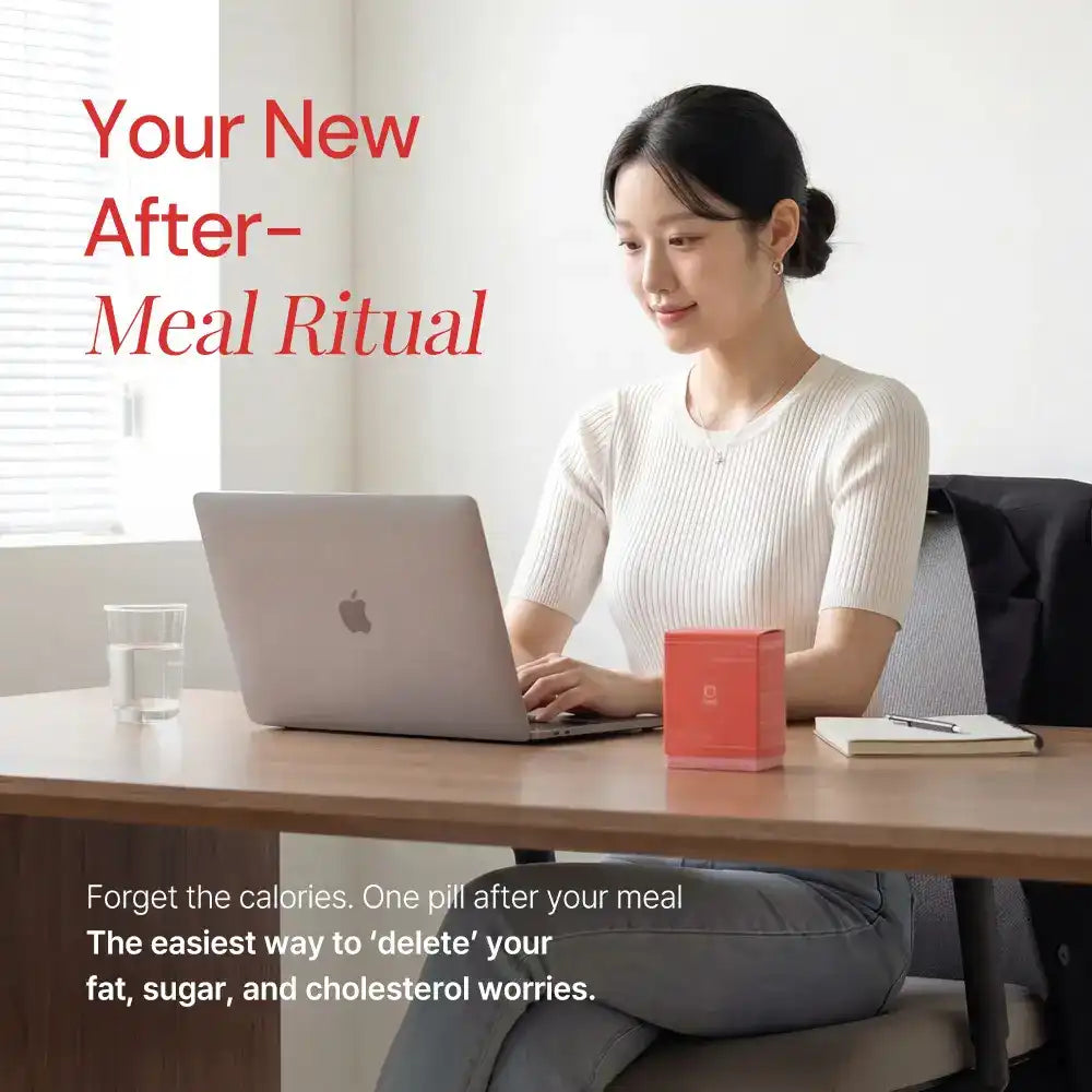 Woman at desk with laptop, supplement box, and glass of water, promoting healthy after-meal ritual.