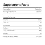 Supplement facts label for golden hibiscus collagen powder, 30 sticks, nutrition details