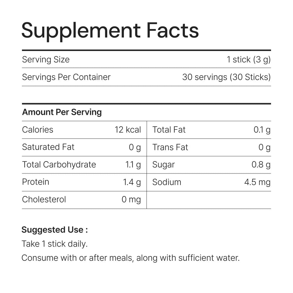 Supplement facts label showing nutrition info and suggested use for a daily wellness stick