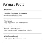 Formula facts listing key actives like Liposomal Glutathione, Niacinamide, and Centella Asiatica for skin clarity and tone