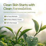 Close-up green leaves with water droplets, text highlights clean plant-based supplement benefits.