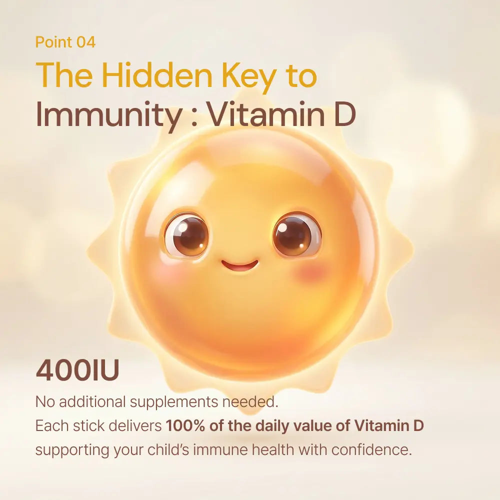 Smiling sun cartoon promoting Vitamin D immunity supplement for kids, 400IU daily value
