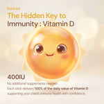 Smiling sun cartoon promoting Vitamin D immunity supplement for kids, 400IU daily value