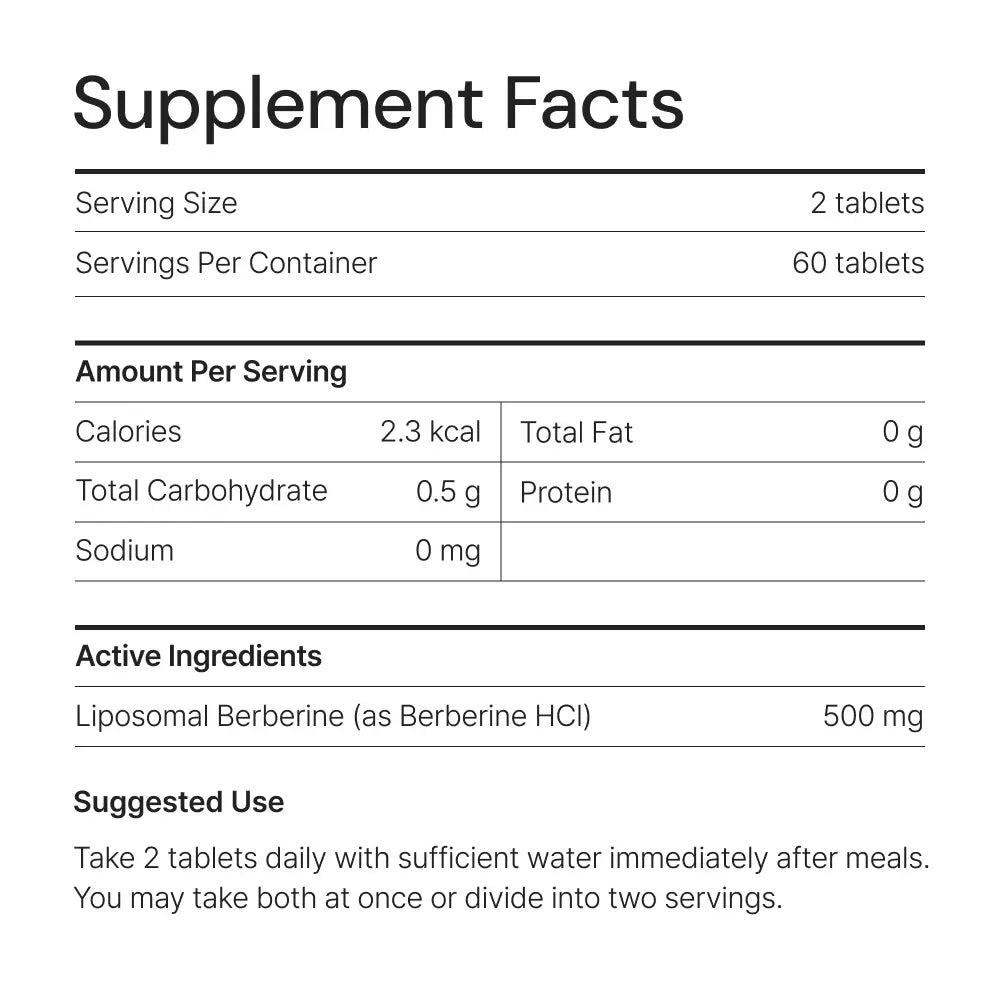 Supplement facts label showing 2 tablets per serving, 500 mg Liposomal Berberine, for daily vitality support